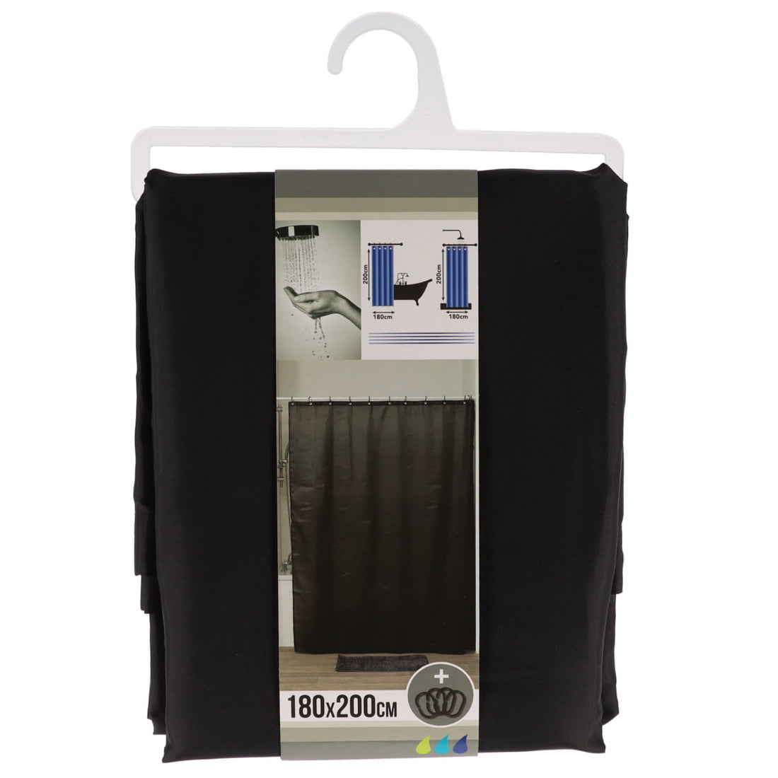 Perdea Duș Poliester 180x200 Cm + 12 Inele PP Perdea - Negru