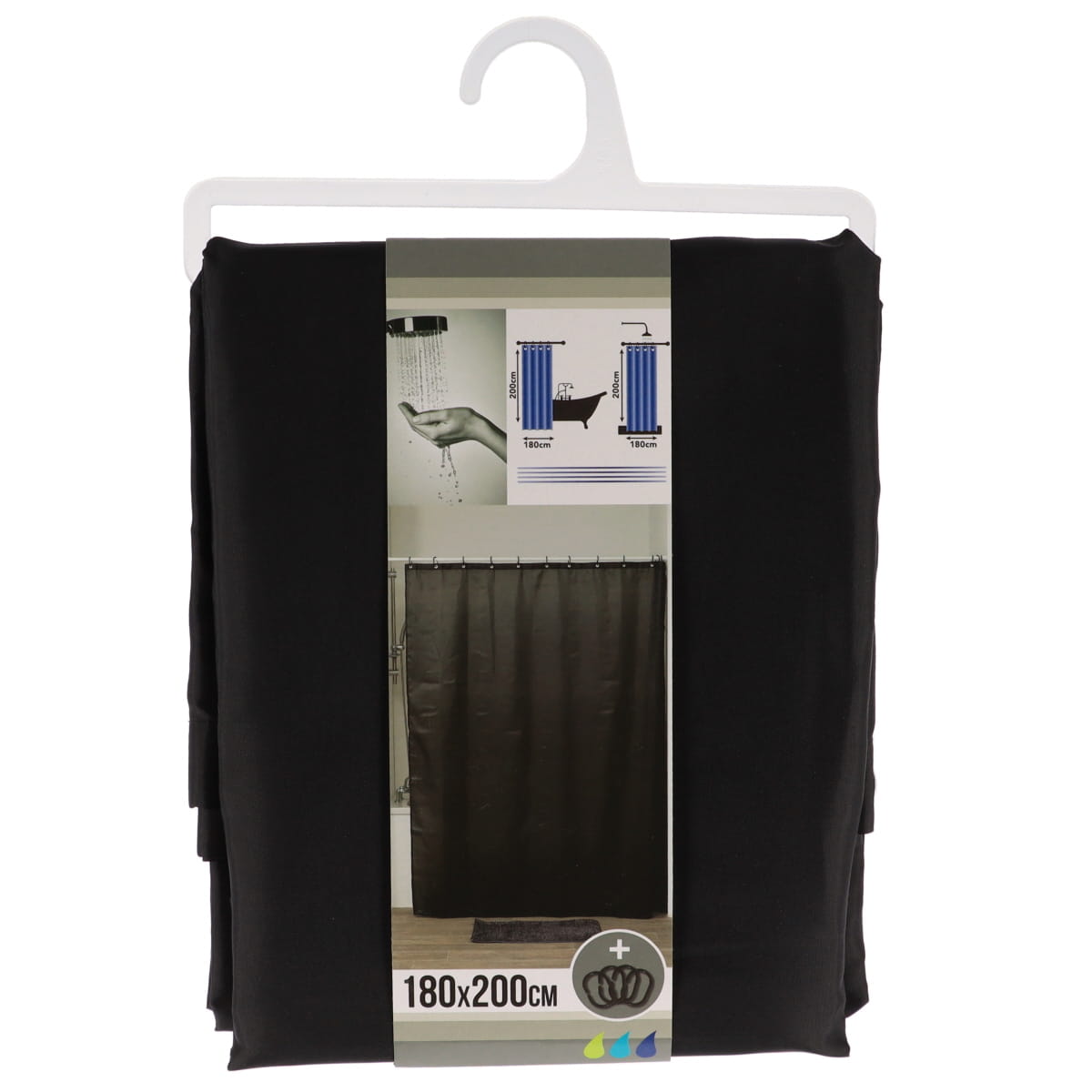 Perdea Duș Poliester 180x200 Cm + 12 Inele PP Perdea - Negru