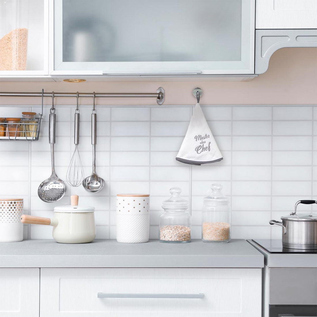 Prosop mâini brodat Master Chef 60cm catifea/frotir - Gri/Alb