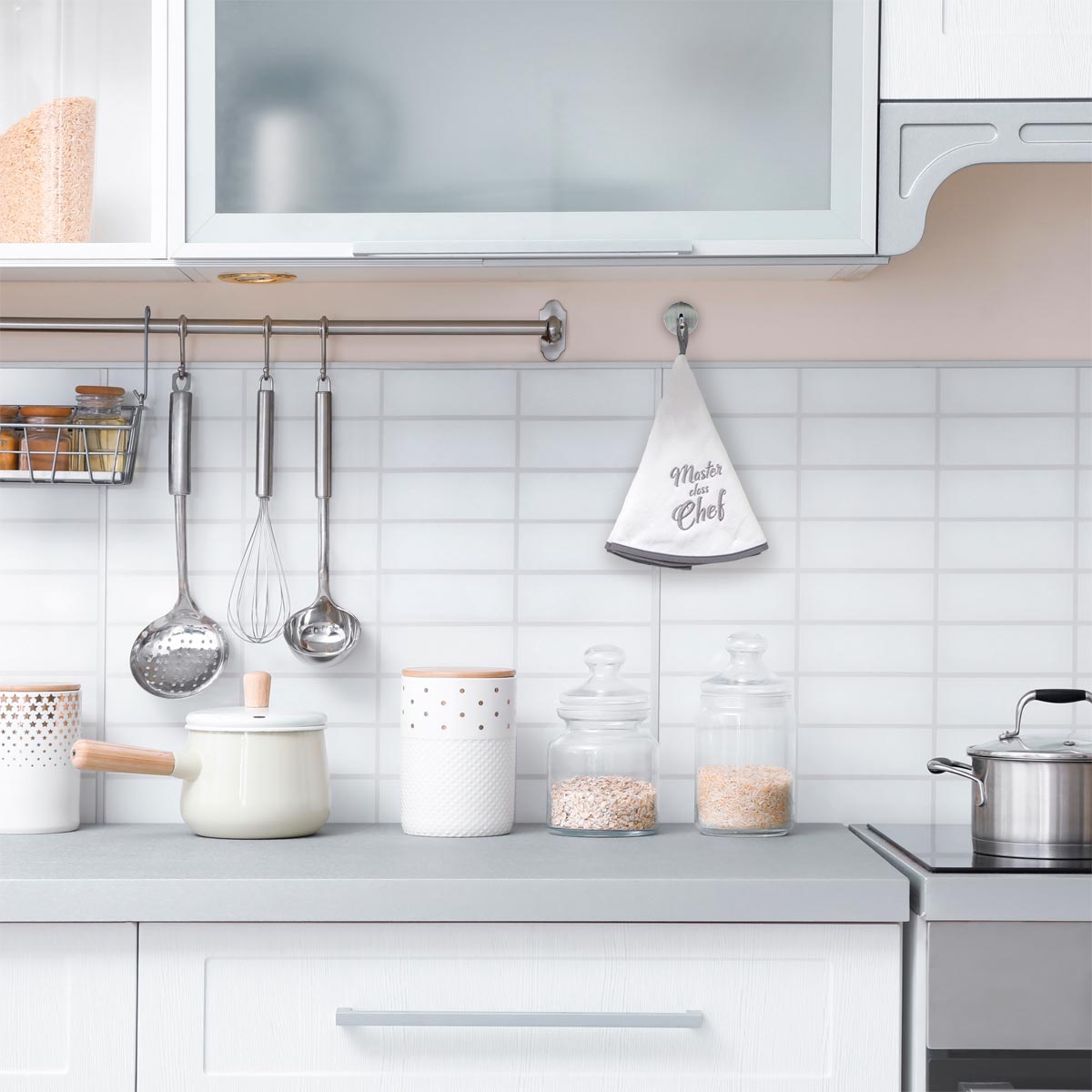 Prosop mâini brodat Master Chef 60cm catifea/frotir - Gri/Alb