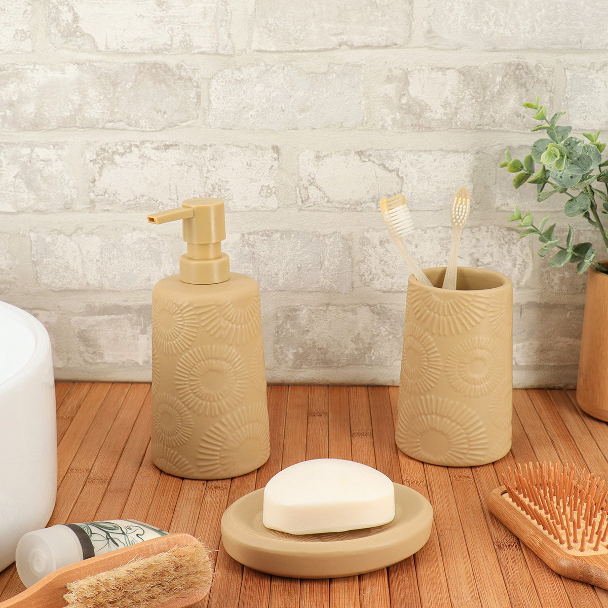 Pahar Rotund din Ceramică Decor cu Motive Etnice - Bej