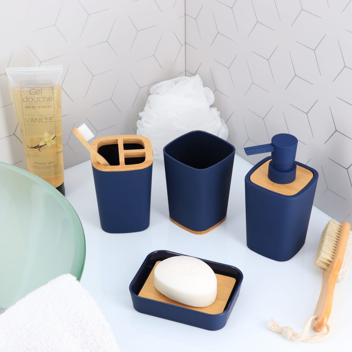 Dozator de Săpun din Cauciuc din ABS și Bambus 380 ml - Navy Blue