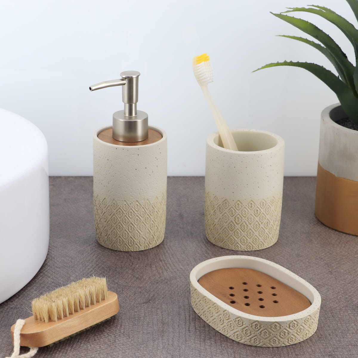 Dispenser pentru Săpun Gravat din Poliresină 265 ml - Natural/Acacia