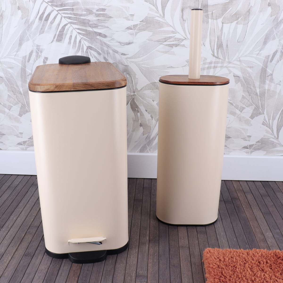 Perie Toaletă Metalică Ovală Cu Perie Plată Din Silicon - Acacia/Bej
