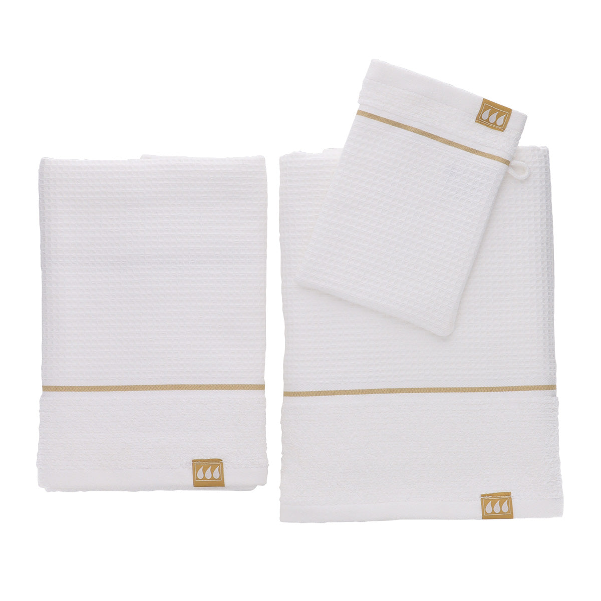 Set de 3 Piese din 100% Bumbac: 1 Mănușă / 1 Prosop de Toaletă 50x90 cm / 1 Prosop de Toaletă 70x130 cm - Alb/Auriu