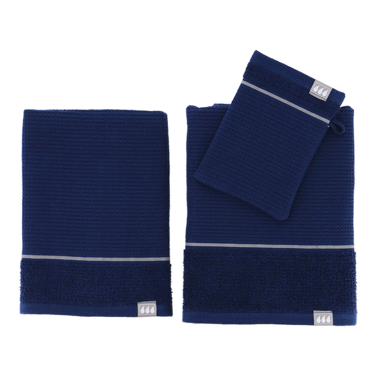 Set de 3 Piese din 100% Bumbac: 1 Mănușă / 1 Prosop de Toaletă 50x90 cm / 1 Prosop de Toaletă 70x130 cm - Bleumarin/Argintiu