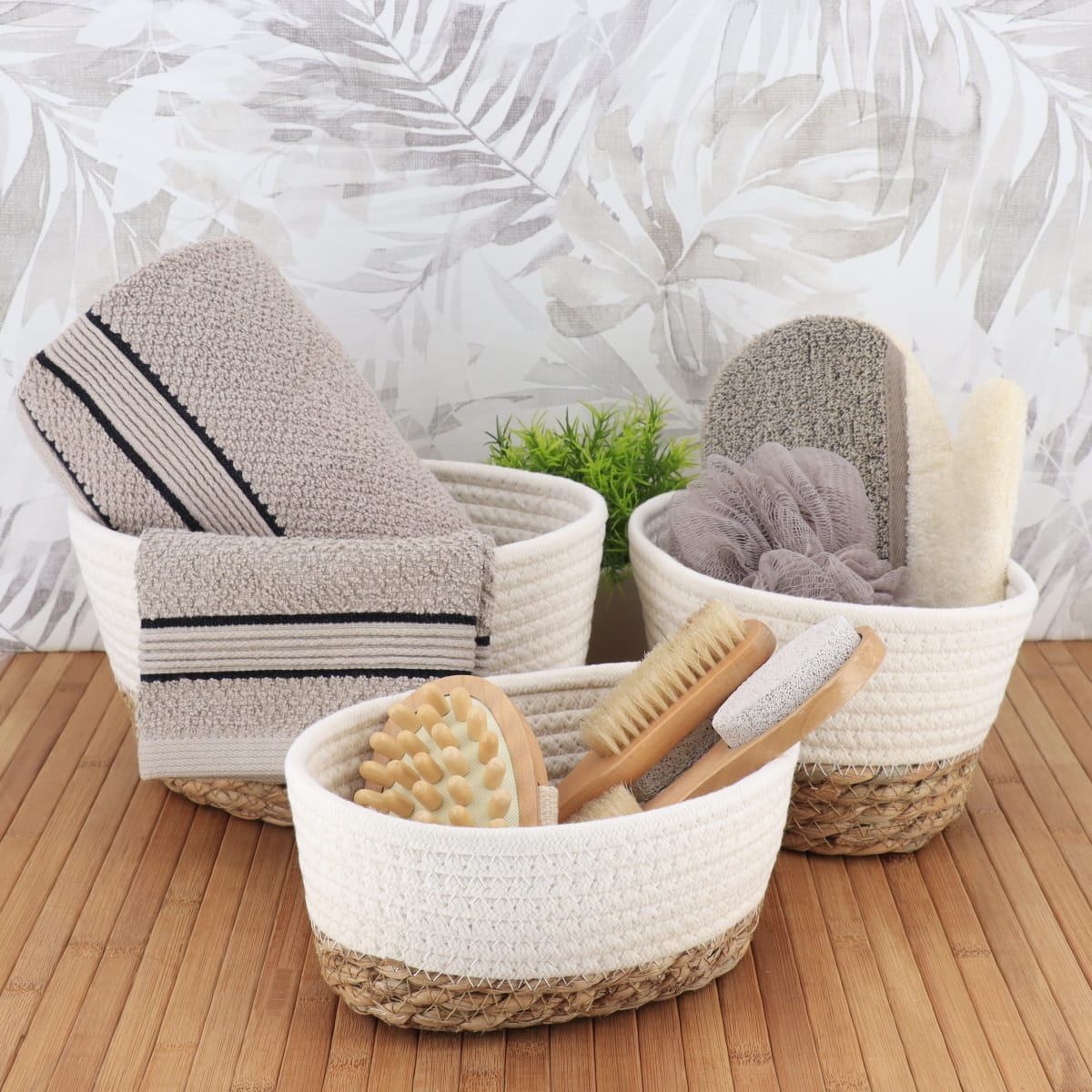 Set de 3 Coșuri Dreptunghiulare - Alb/Natural
