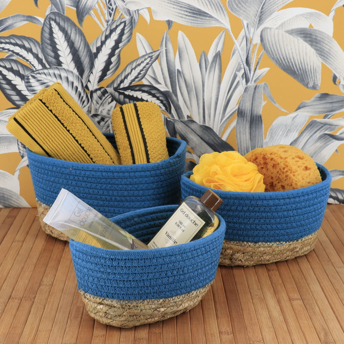 Set de 3 Coșuri Dreptunghiulare - Albastru Tahitian/Natural