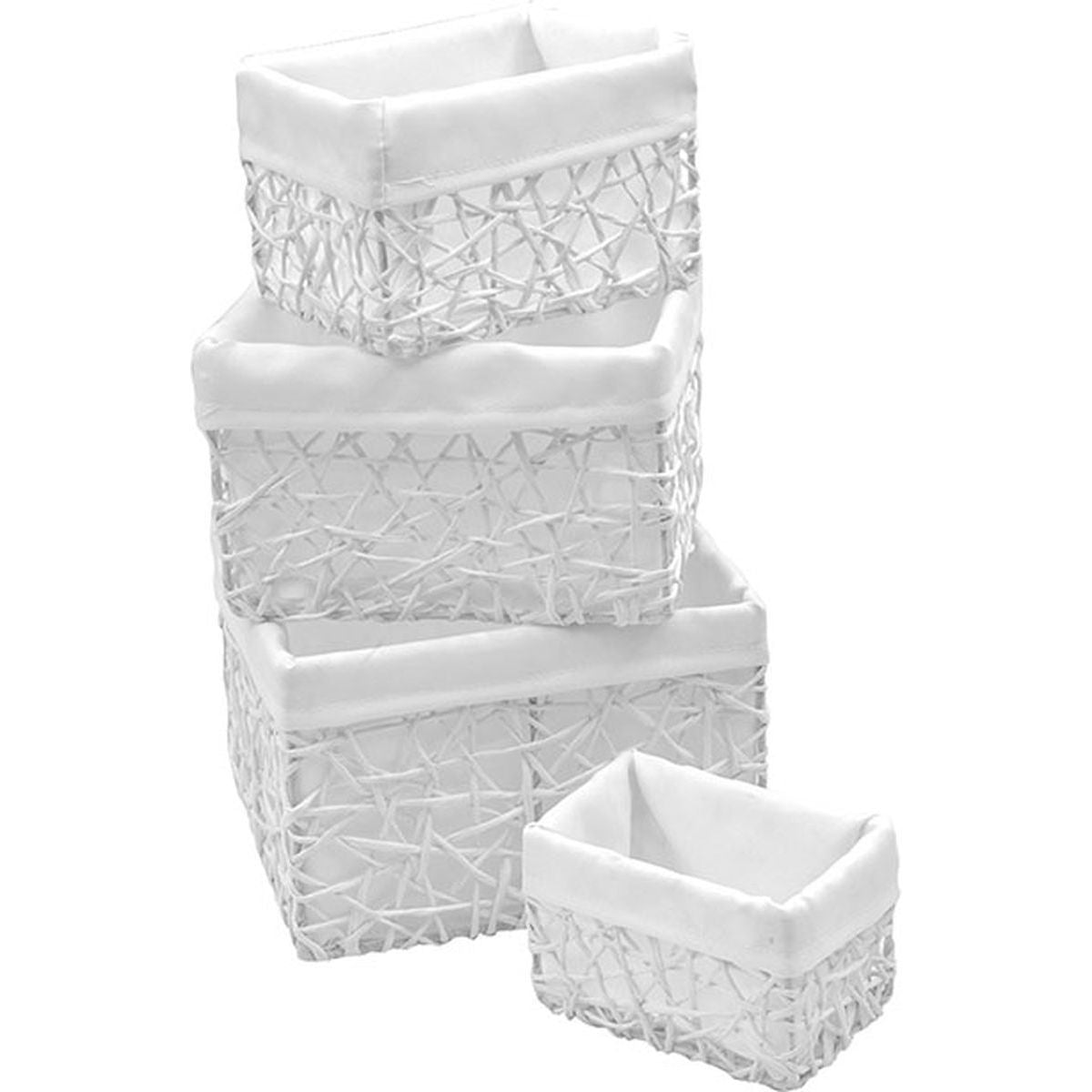 Set de 4 Coșuri din Hârtie - Alb/Alb cu Țesătură
