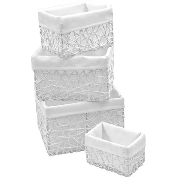 Set de 4 Coșuri din Hârtie - Alb/Alb cu Țesătură