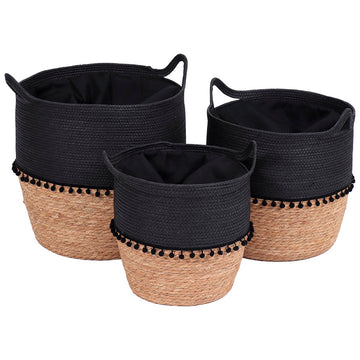 Set de 3 Coșuri din Paie și Hârtie cu Mânere și Pomponi - Negru/Natural