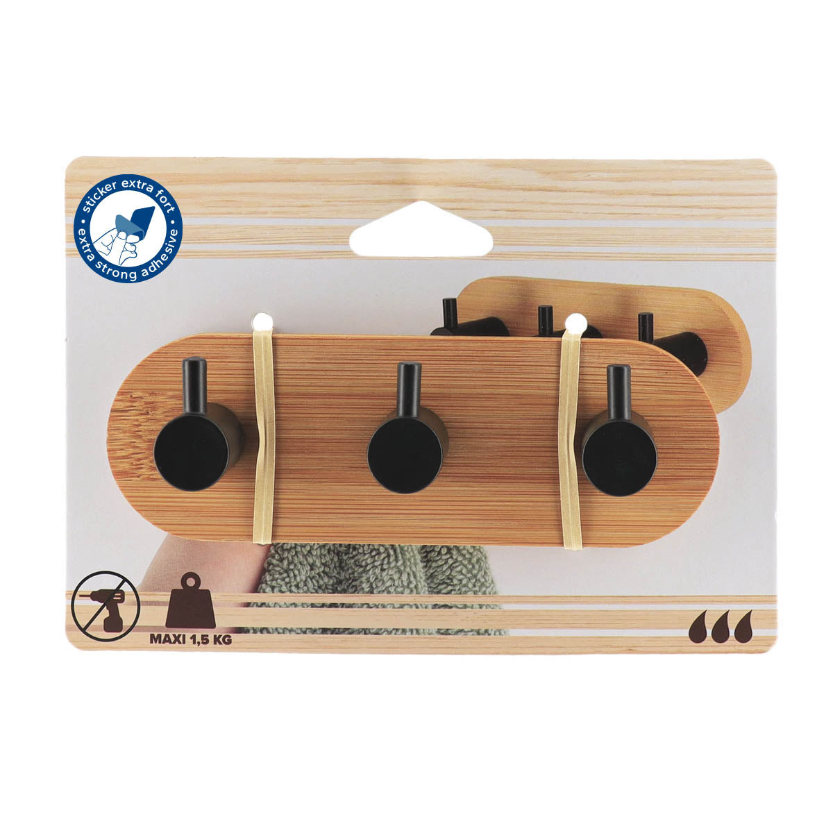 Set 3 Cârlige Adezive 3M Bambus & Metal Negru
