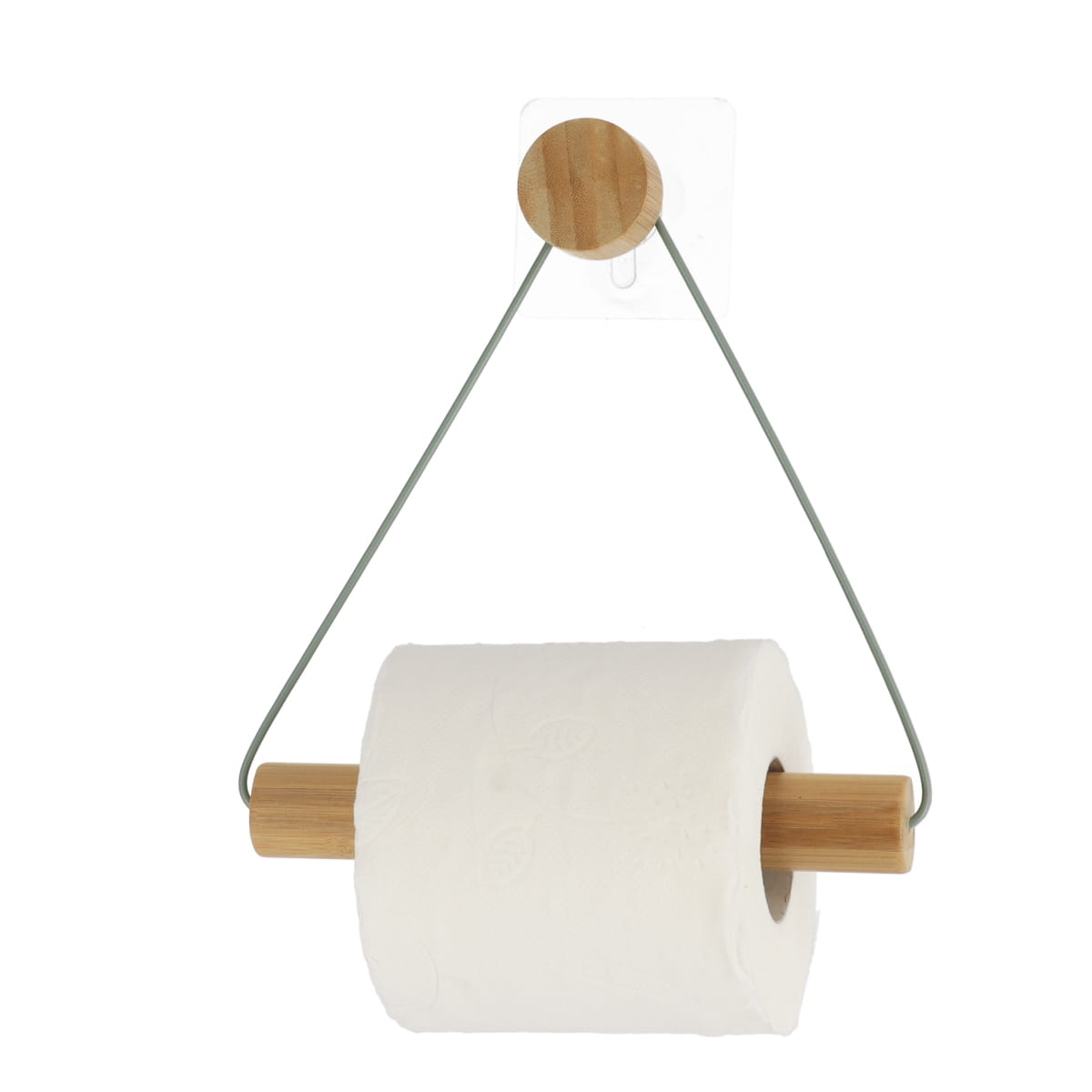 Suport de Hârtie Igienică din Metal Vopsit + Lemn cu Fixare Adezivă - Khaki/Natural