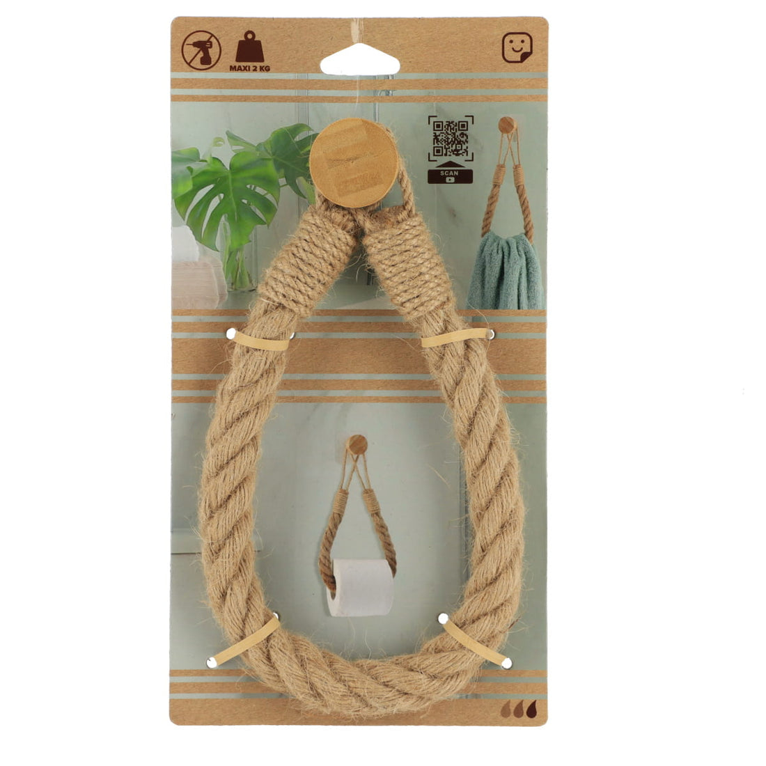 Suport pentru hârtie igienică din frânghie pe bază de autocolant - Natural