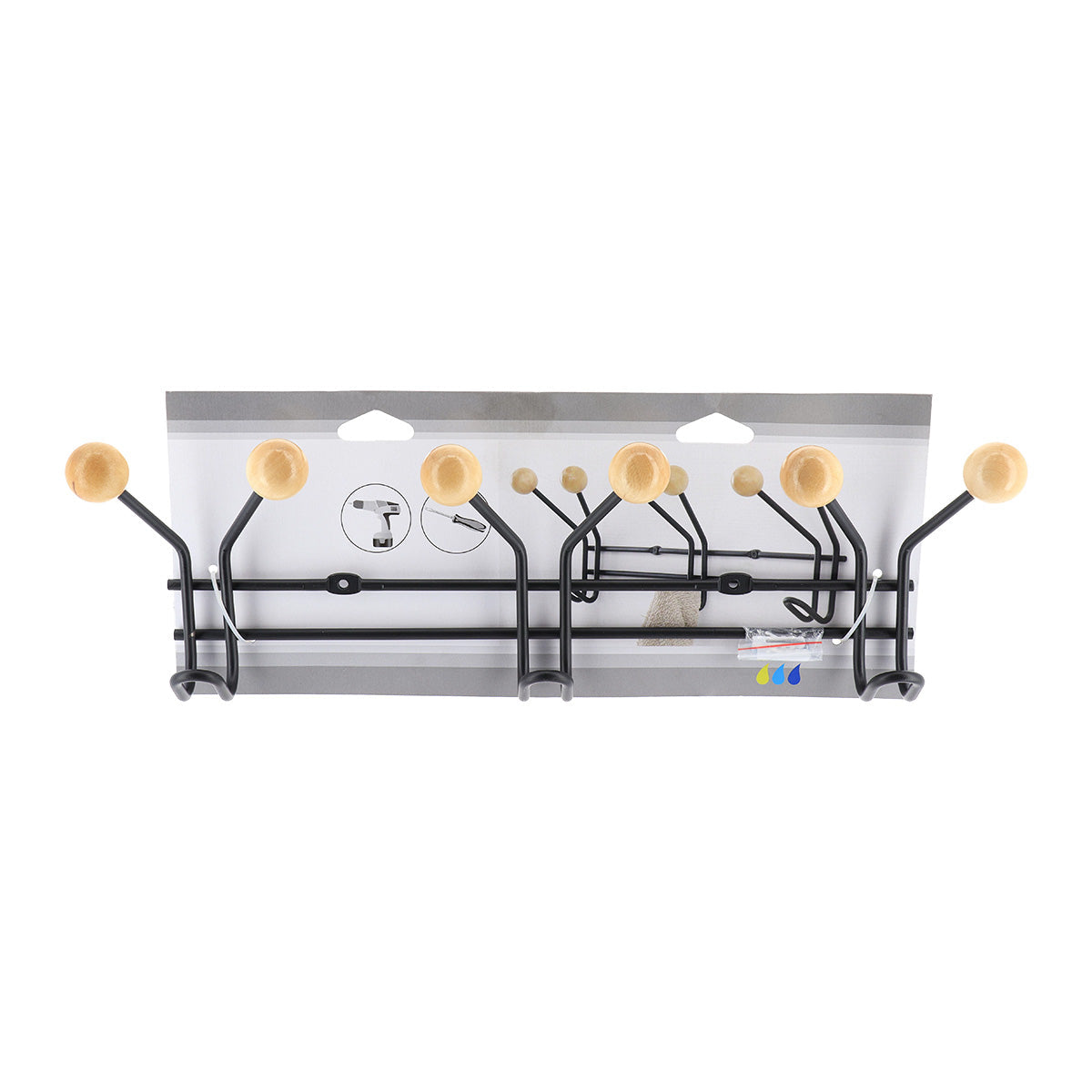 Suport cu Cârlige din Metal de Fixat cu 3 Agățătoare - Negru/Lemn