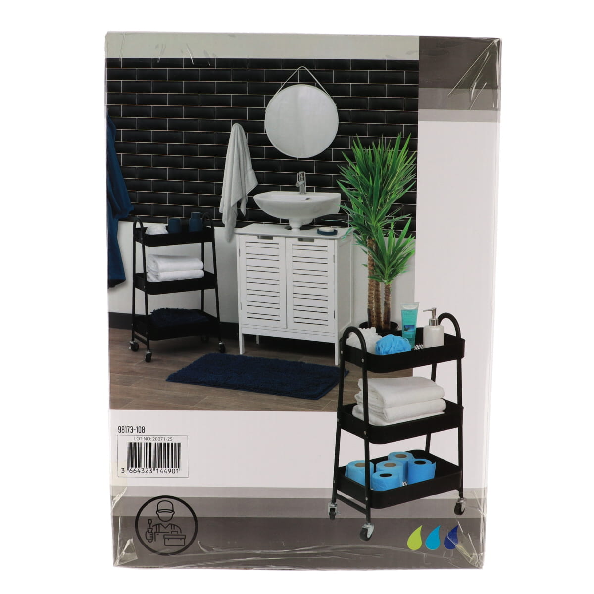 Mobilier Metalic pe Roți cu 3 Rafturi din ABS - Negru
