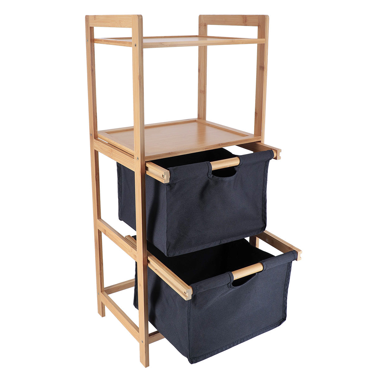 Mobilier din bambus cu 2 coșuri din poliester și rafturi - Negru/Bambus
