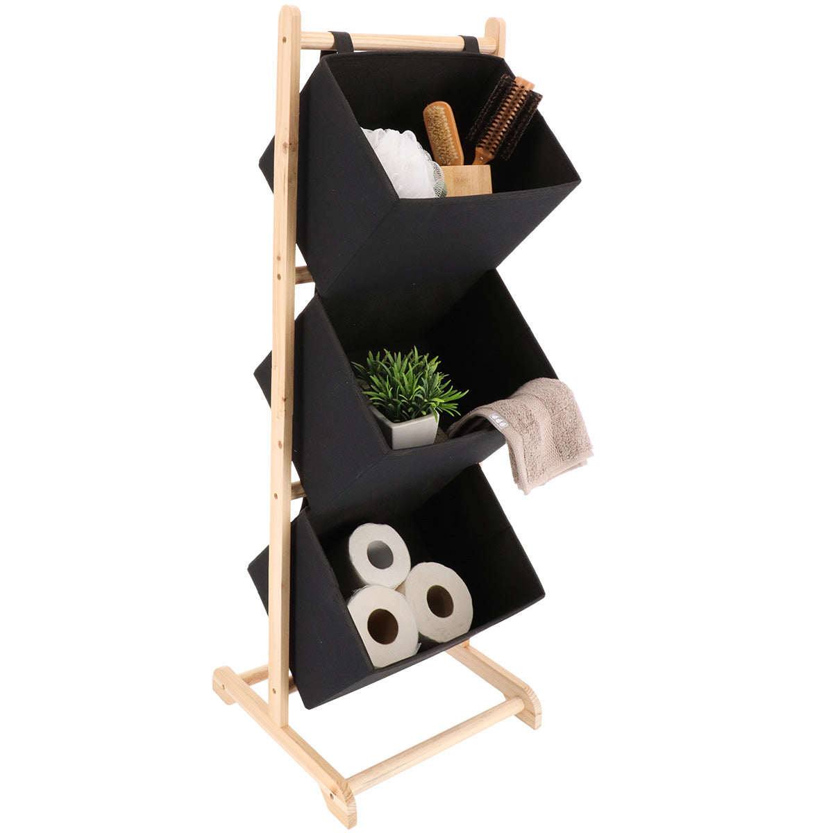 Mobilier din Polyester și Brad cu 3 Coșuri - Natural/Negru