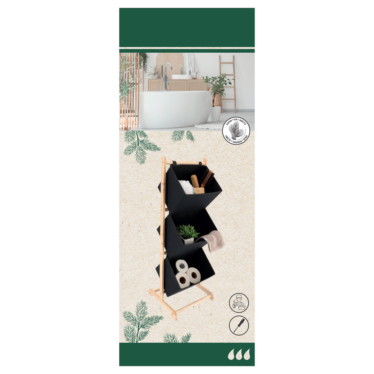 Mobilier din Polyester și Brad cu 3 Coșuri - Natural/Negru