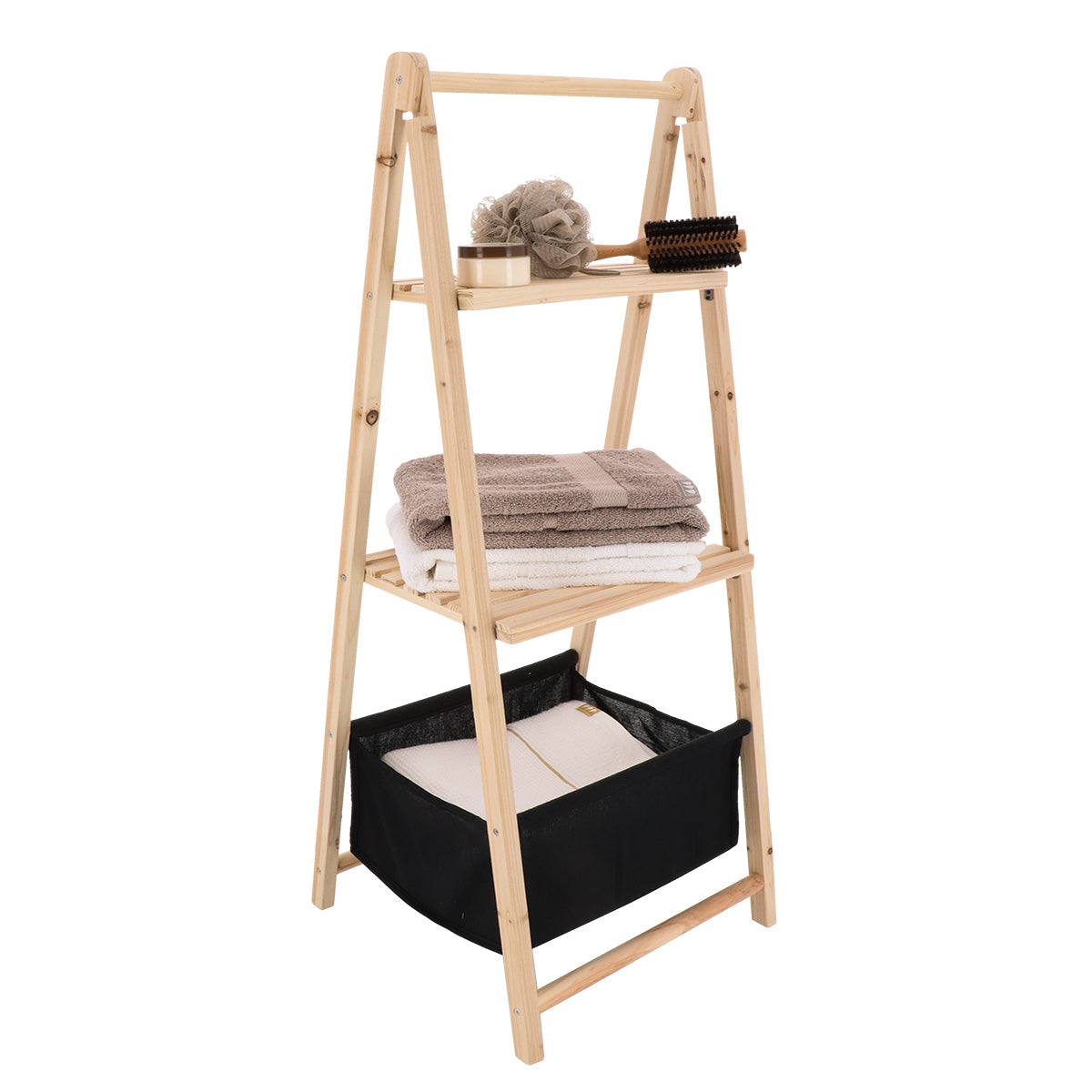 Organizator din Lemn de Brad cu 2 Rafturi și Sertar Textil - Natur/Negru