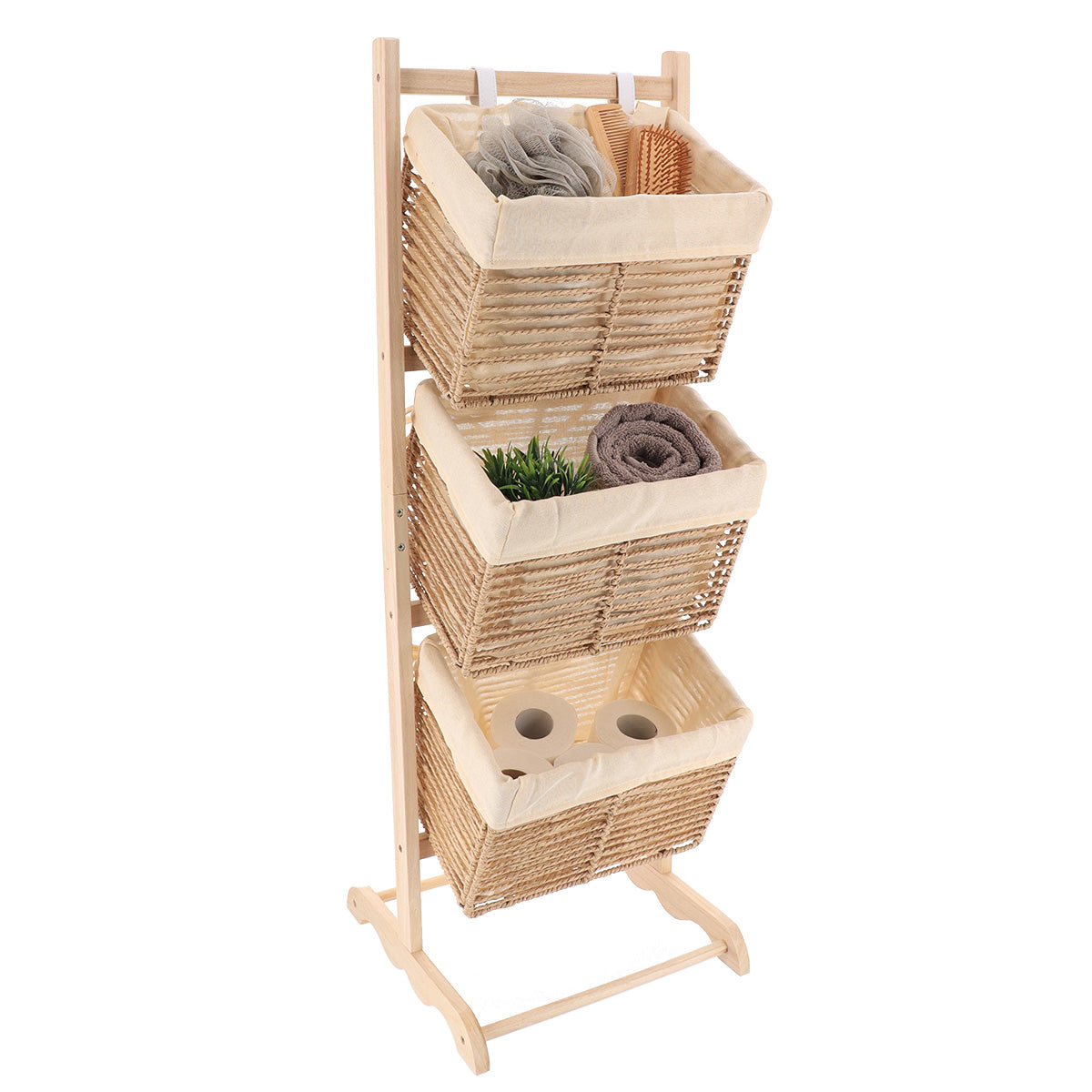 Mobilier din Paulownia cu 3 Coșuri din Sfoară de Hârtie Pliabile - Natural