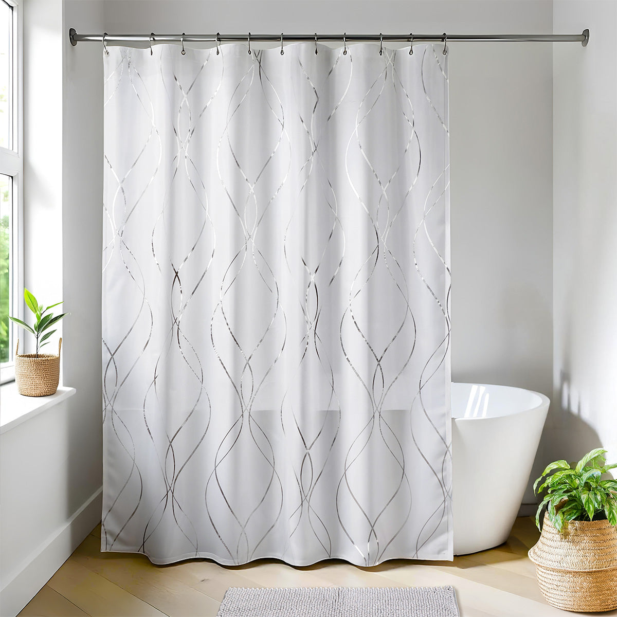 Cortina de Duș Poliester 180x200 cm + 12 Inele Albe - EPURE SILVER