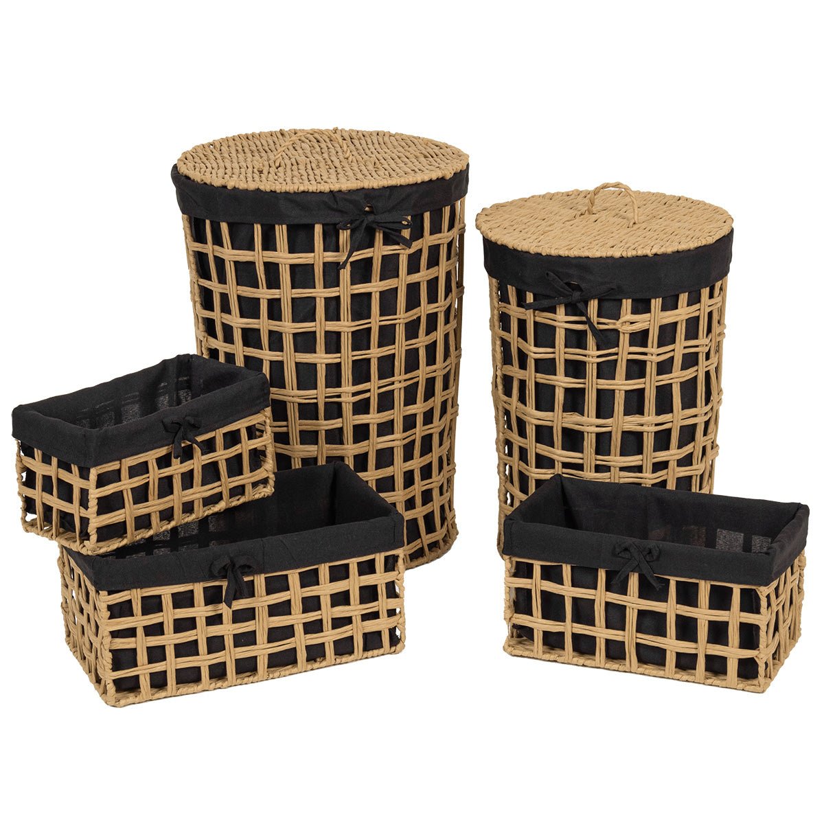 Set De 5 Coșuri Deschise Împletite Din Hârtie - Natural/Țesătură Neagră - Set coșuri - Softambient